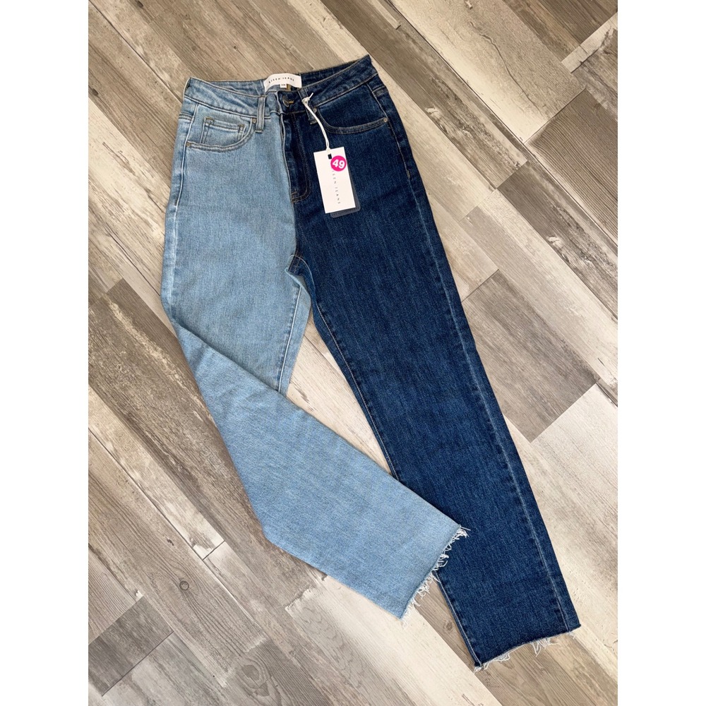 Risen Jeans Straight Leg Women Blue Two Tone High Rise Raw Hem Size 3 26W